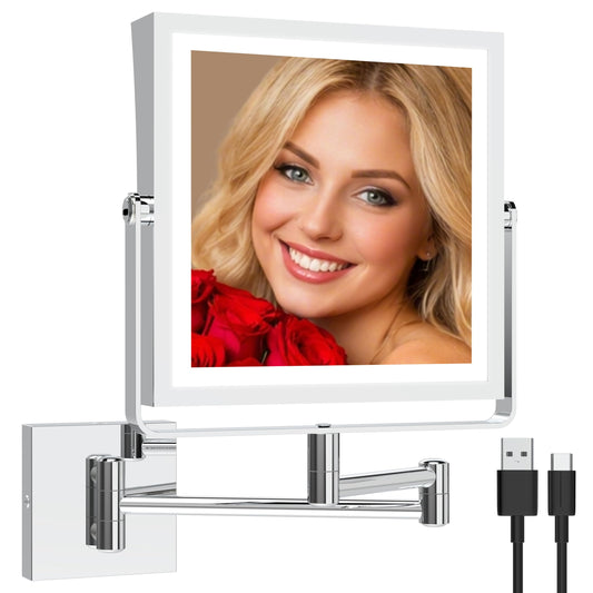 Ruacq Rechargeable Wall Mounted Makeup Mirror with Lights, Double Sided 1X/10X Magnifying Vanity Mirror with 3 Color Lighting, Touch Screen Dimmable, 360° Rotation Extension Foldable Arm(Chrome)