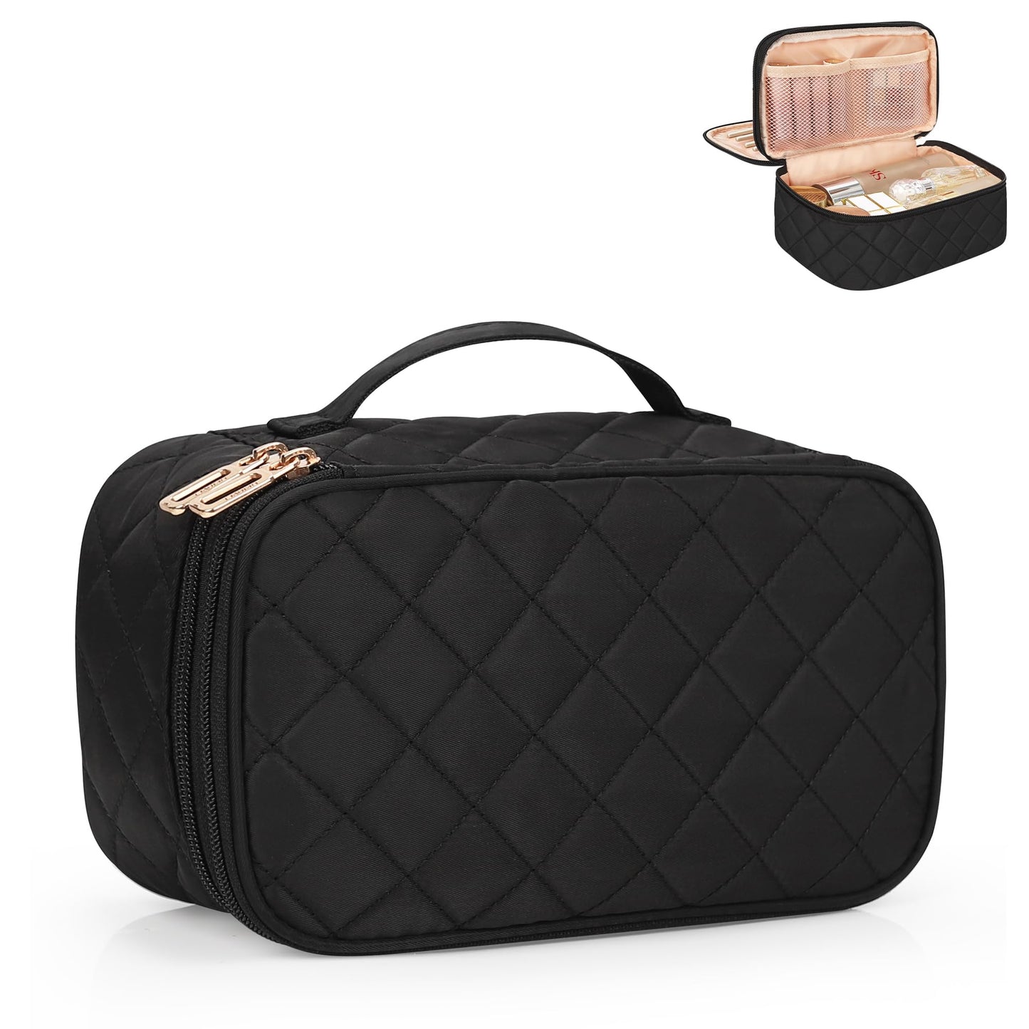 Relavel Small Makeup Bag, Travel Makeup Bag, Cosmetic Bag for Women, 2 Layer Makeup Organizer, Black Make Up Pouch Waterproof, Makeup Brush Holder, Durable Zipper (Black)