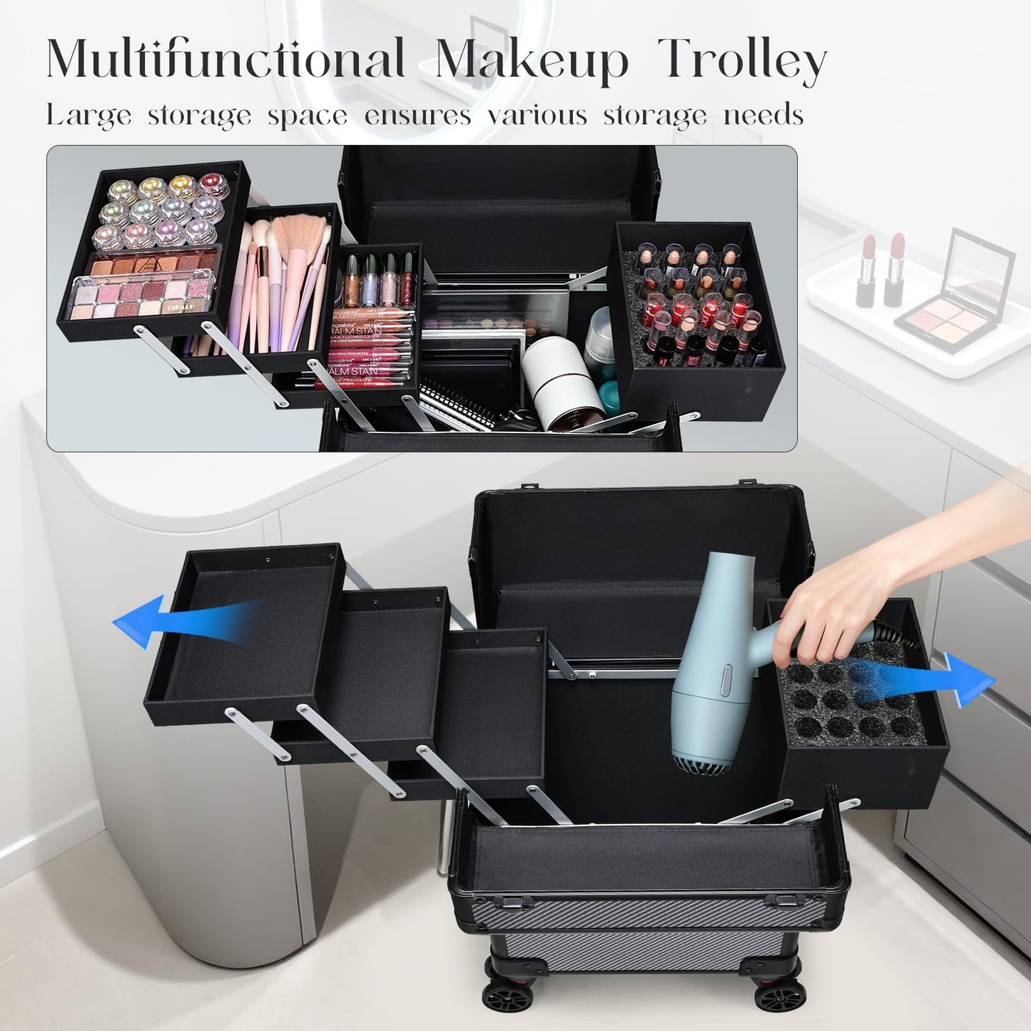 Mecucasi Rolling Makeup Case, Cosmetology Case on Wheels Professional Vanity Case with Trays for Women Large Travel Makeup Box Organizer Trolley with Key, Ashy Grey
