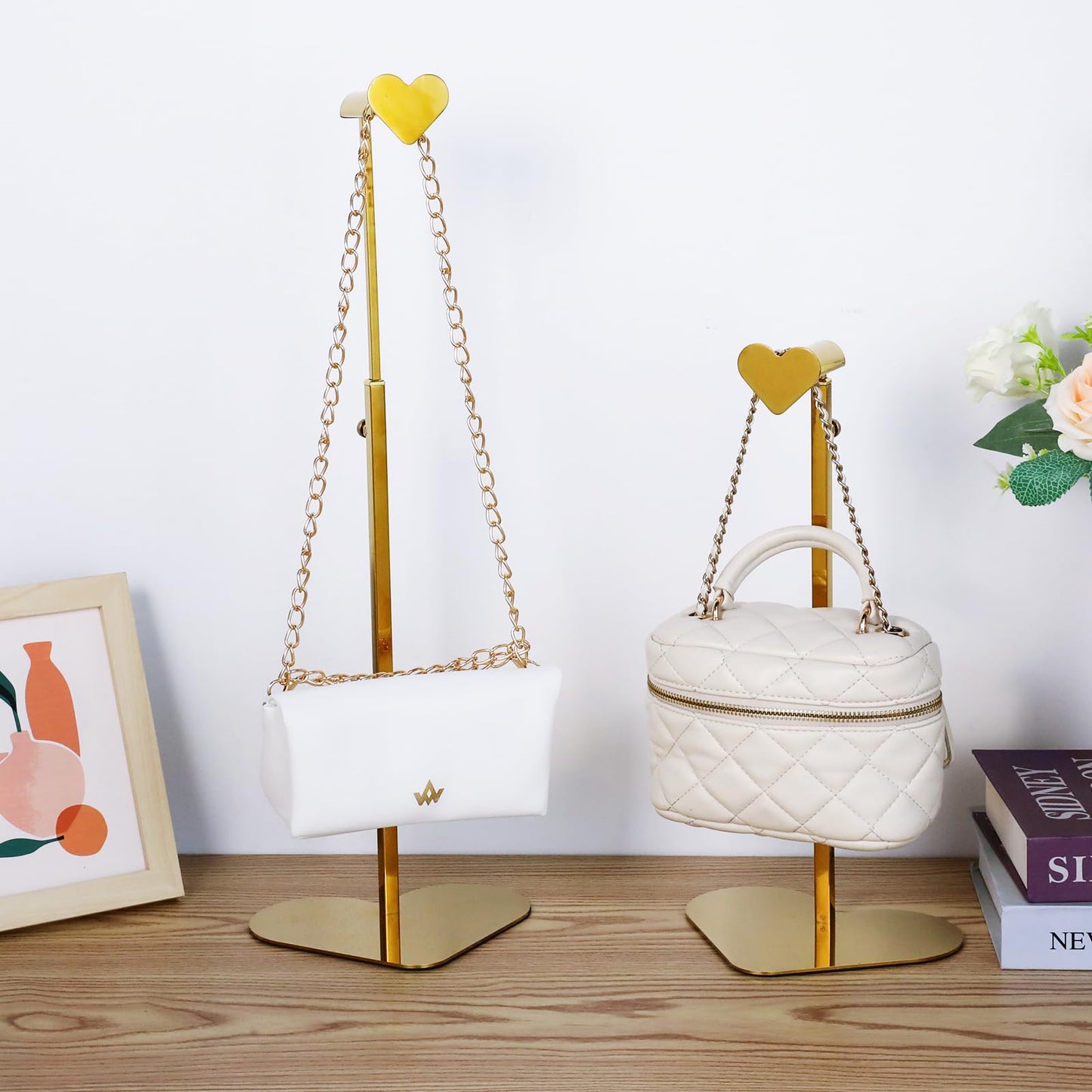 Purse Display Stand, 2 Pack Heart-shape Display Rack Stainless Steel Handbag Purse Holder Gold Hanging Hook Stands Adjustable Height Table Ornament Jewelry Towers for Home Store Boutique Counter
