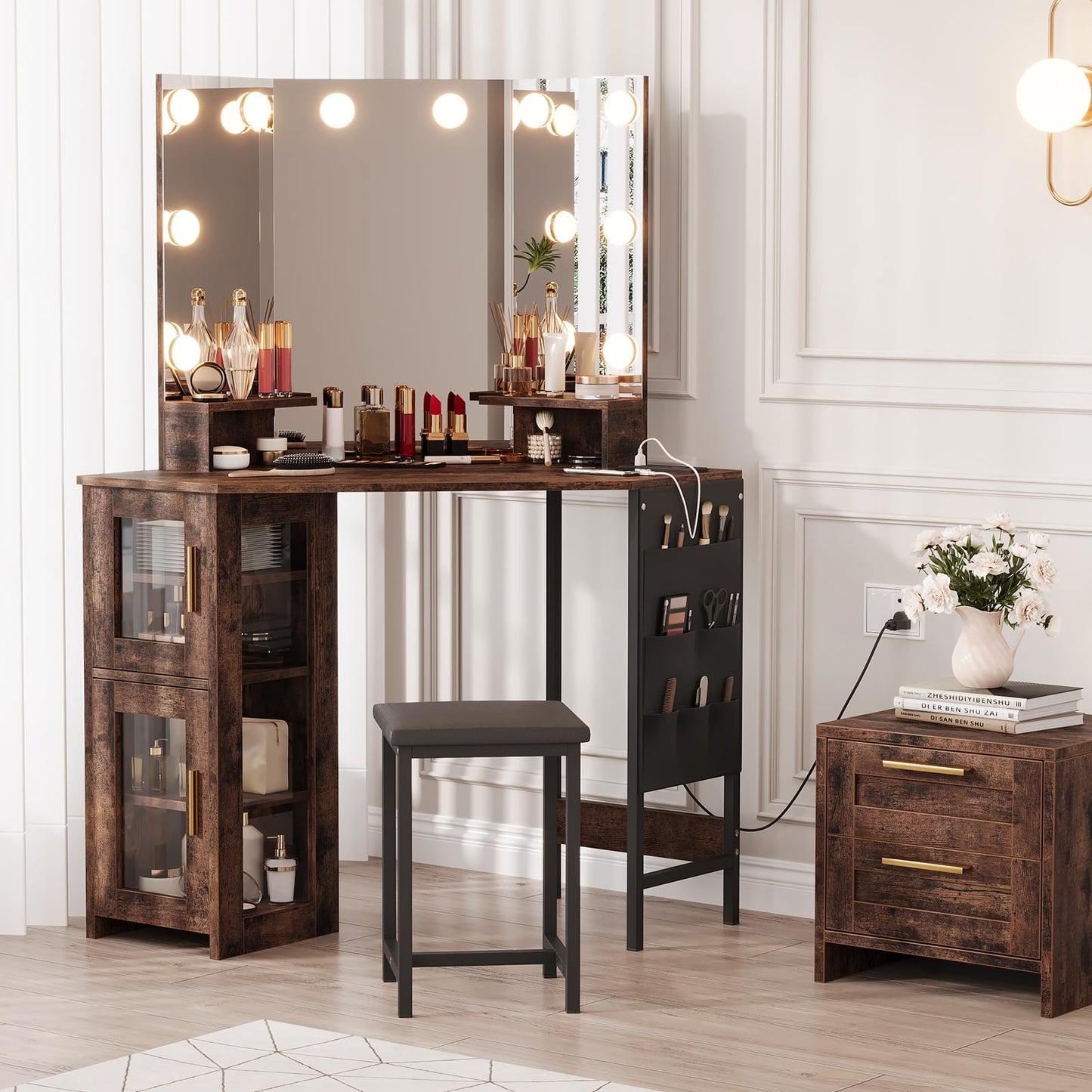 Garvee Corner Vanity Desk and Stool, Corner Makeup Vanity with Light Bulbs Mirror Charging Station and Cabinet for Bedroom, Brown