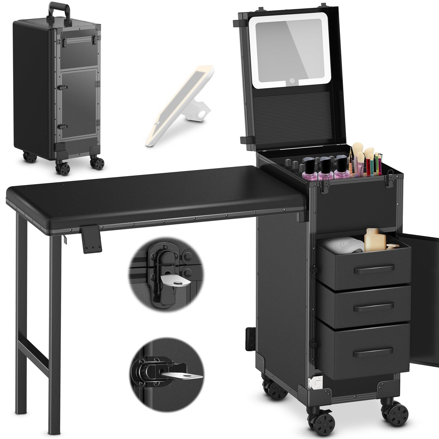 EASYINBEAUTY Rolling Portable Manicure Table with 3 Storage Drawers & Mirror, Lockable Makeup Train Case with Foldable Nail Desk- Cosmetic Travel Case for Mobile Nail Tech & Beauty Salon (Black)