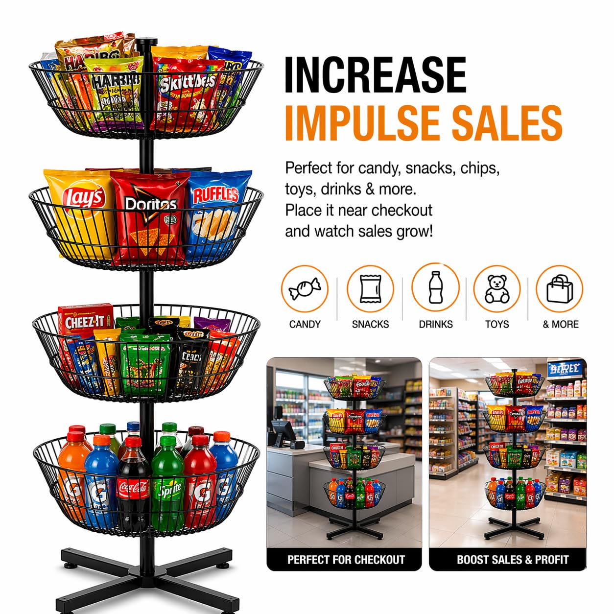 STEELAID 4 Tier Rotating Wire Basket Display Stand Dump Bin, Heavy Duty Metal Floor Merchandising Rack for Candy Snacks Chips Toys Drinks, Spinner Retail Organizer with Stable Cross Base, Black