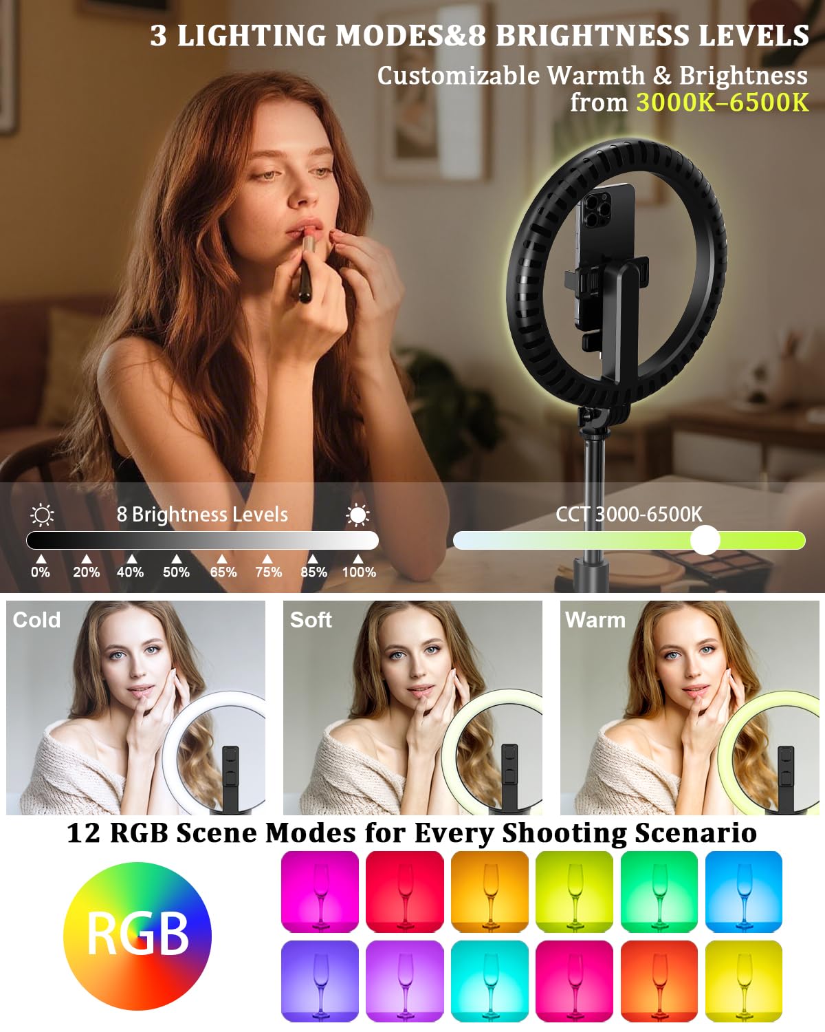 Vlogging Kit for iPhone/Android, 10” Ring Light with Stand, 74” Tripod for iPhone with Light, Microphone, YouTube Starter Kit for TikTok Content Creator