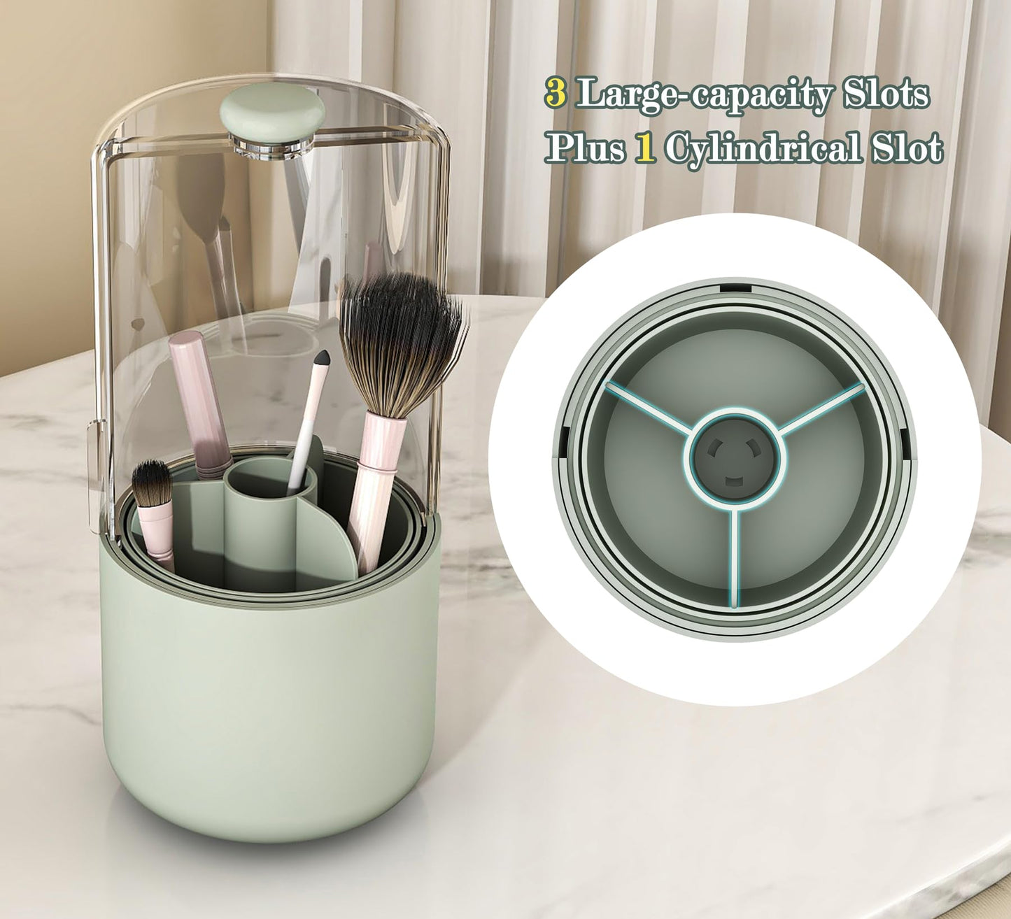 Zufudo Makeup Brush Holder with Dustproof Cover, Clear 360 Rotating Make Up Brushes Organizer for Counter Vanity Bathroom, Sage Green