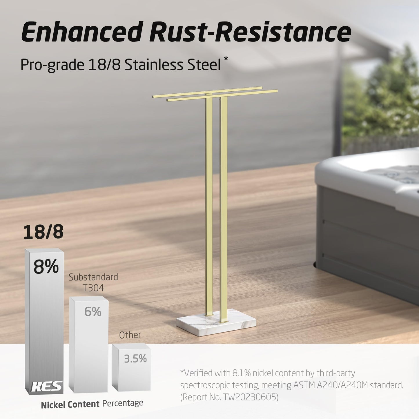 KES Standing Towel Rack with Marble Base, 37" H (Equal Height) Gold Towel Rack for Bathroom Floor, Towel Rack Stand Fits Large Bath Towel, 18/8 Stainless Steel, BTH229-BZ