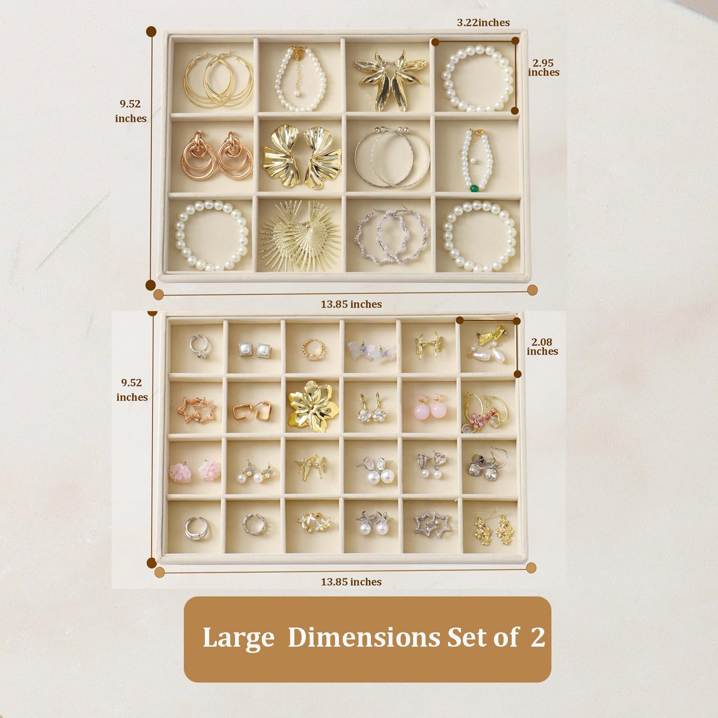 KATISYIO Large Velvet Jewelry Tray 2 Pack Stackable Jewelry Display Drawer Inserts Trays Organizer for Earring Bracelet Necklace Ring (Beige, 12 Grids+24 Grids)