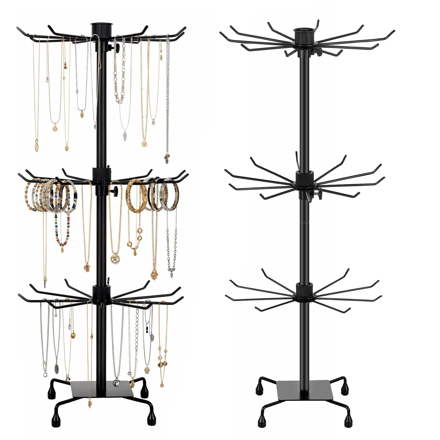 IMengjbang 2 Pack 3 Tiers Rotating Jewelry Display Stand with Hooks, Black Adjustable Height Metal Earrings Stand for Jewelry Necklace Earrings Keyring Socking Hats Keychain Display Stand