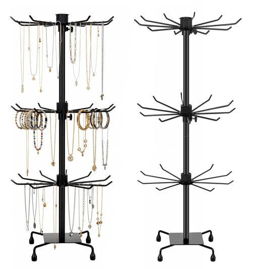 IMengjbang 2 Pack 3 Tiers Rotating Jewelry Display Stand with Hooks, Black Adjustable Height Metal Earrings Stand for Jewelry Necklace Earrings Keyring Socking Hats Keychain Display Stand