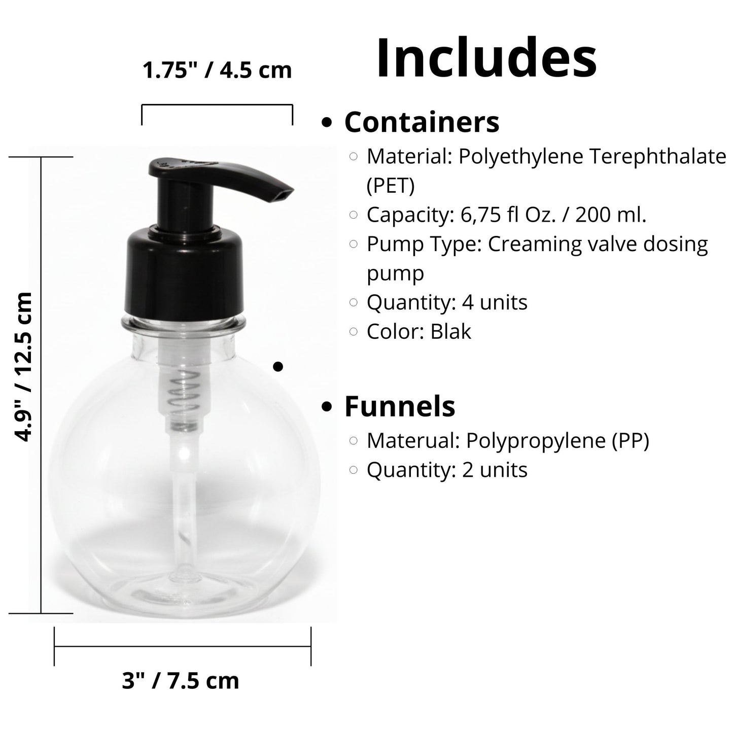 MOXMAR Pack of 4 Clear PET Round Bottles 6.7 fl oz with Black Cream Pump + 2 Funnels - Refillable Plastic Dispenser Bottles for Lotion, Liquid Soap (4, Transparent Bottle + Black Pump, 6.7 fl oz.)