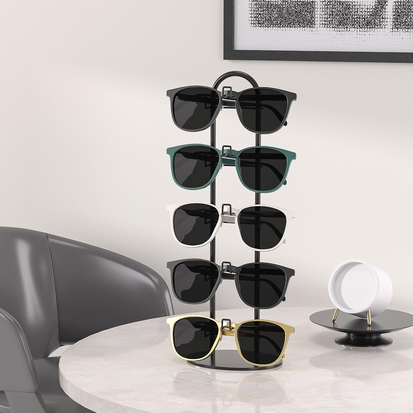 LongMen Metal Sunglass Organizer,Glasses Holder,Eyeglass Holder,Sunglass Storage Eyeglasses Rack Metal Frame for 5 Pairs (1, Black)