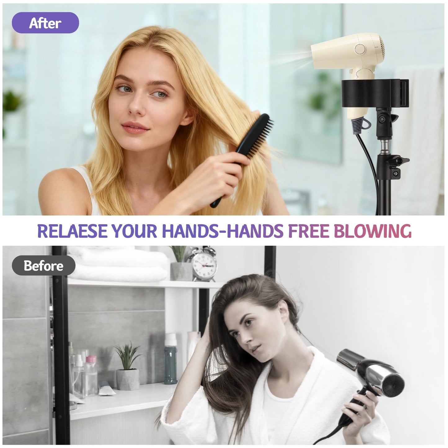 Hands-Free Hair Dryer Stand for Home Blow Drying, DIY Styling, Salon&Live Streaming Ideal for Long Hair Women Busy Moms People with Arm Shoulder Pain 30-62 Inch Adjustable Height Tripod, 360° Rotation