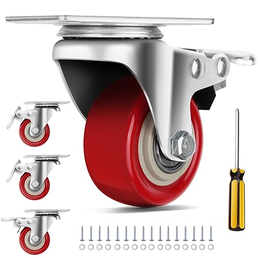 Caster Wheels 2 Inch, Heavy Duty Caster Wheels Set of 4, Swivel Castor Wheels with Dual Locking Brakes, Silent Polyurethane (PU), 360° Rotation, for Furniture and Workbench, Load 600lbs