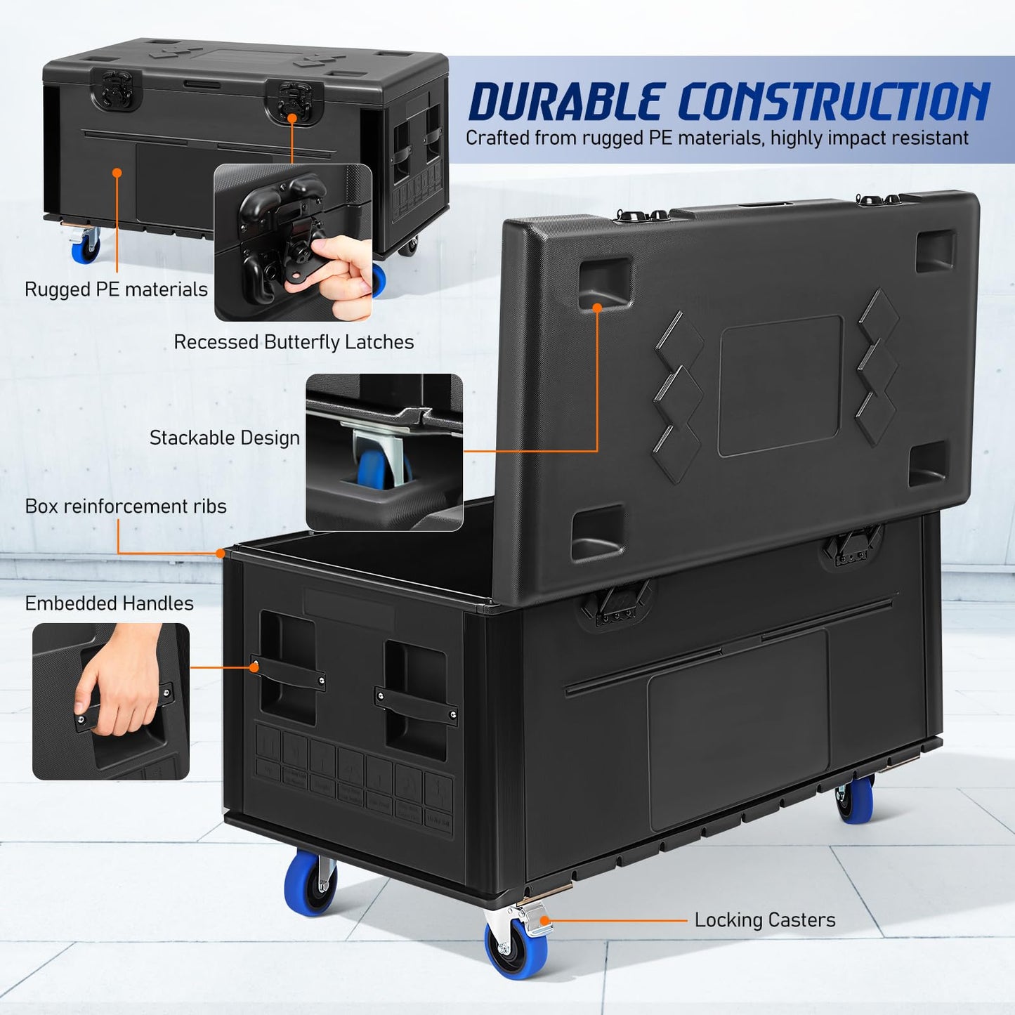 44" Heavy Duty ATA Rolling Cable Trunk Case, Stackable Road Case with IP55 & TPR Wheels, Reinforced Corners, 1100lbs Load Capacity for Pro Audio/DJ Equipment, Touring Transport and Secure Storage
