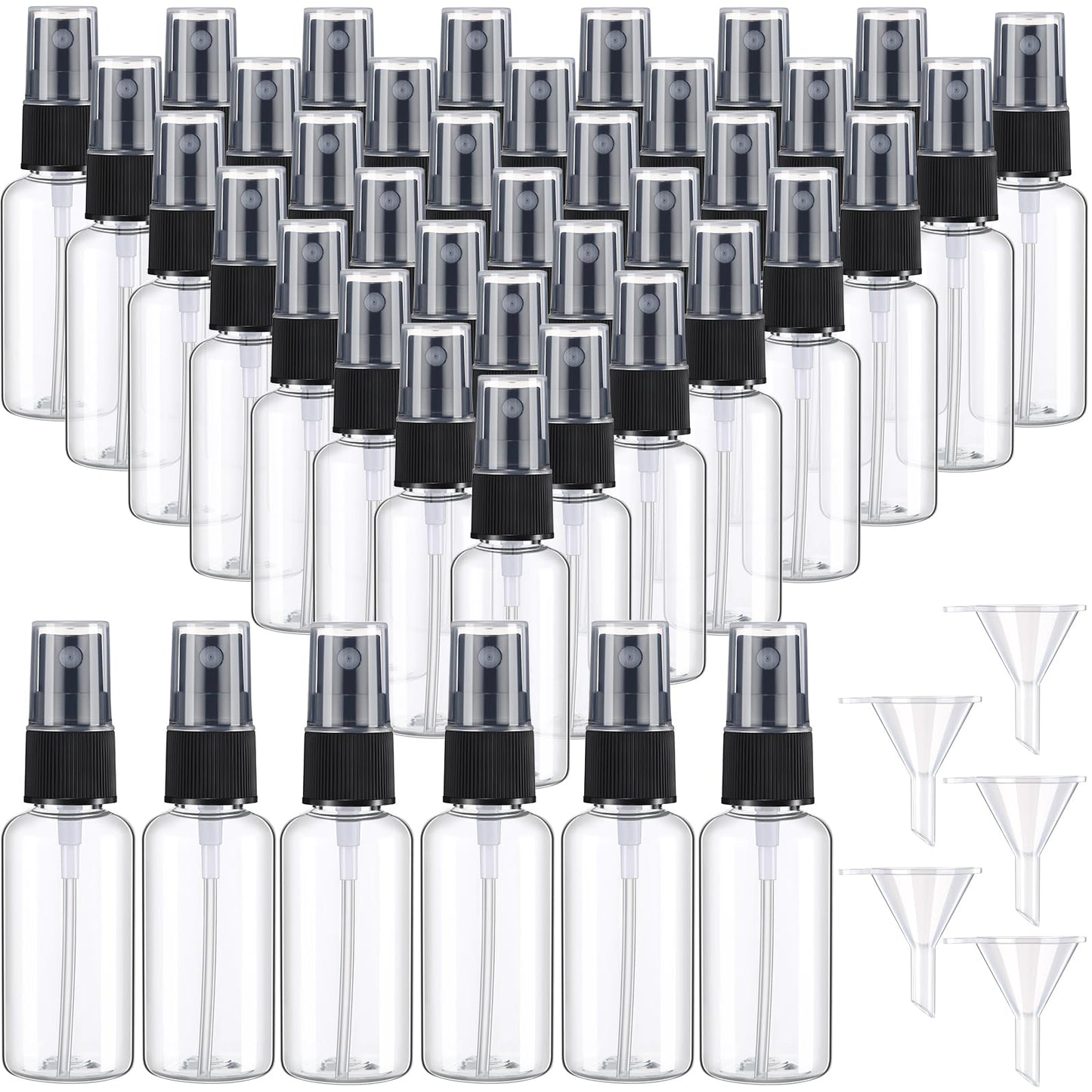 Maxcheck 100 Pcs Mini Clear Spray Bottles 1 oz Plastic Empty Travel Bottle Fine Mist Small Spray Containers with 5 Pcs Funnels Refillable Liquid Travel Container for Perfume Skin Toner (Black)