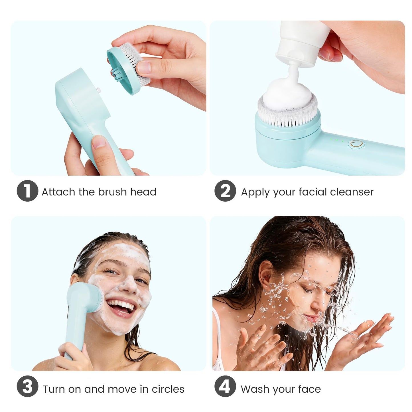 Electric Facial Cleansing Brush, 2-Way Rotating Rechargeable Face Scrubber for Daily and Deep Cleaning, 3 Modes, 3 Brush Heads, Waterproof, Face Wash Brush for All Skin Types