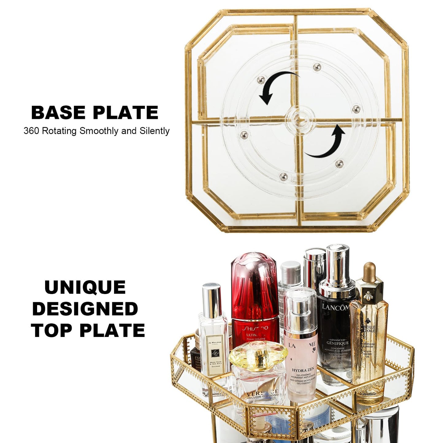 ZOOFOX 360 Degree Rotating Glass Makeup Organizer, Large Cosmetics Storage Display Holder with Gold Trim for Vanity, Clear Makeup Carousel for Perfume, Cosmetics, Brushes, Lotion, Lipsticks