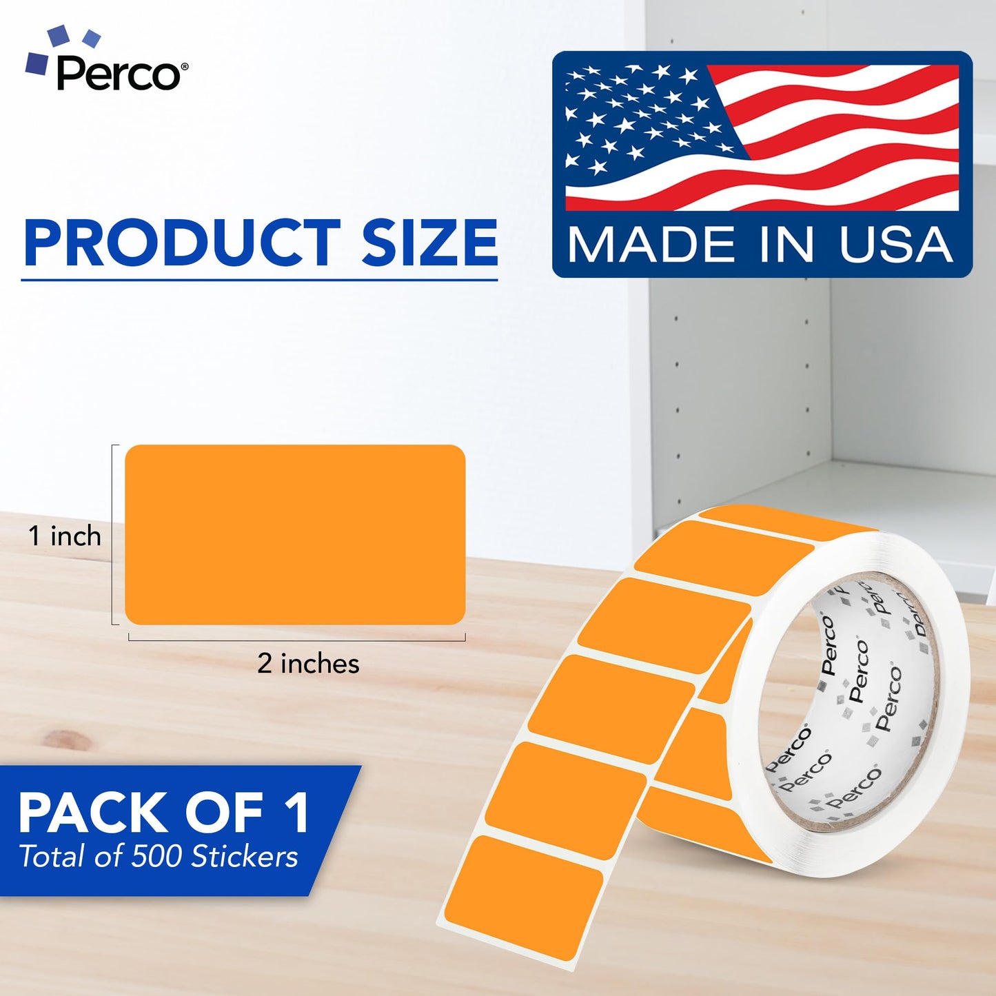 Perco Neon Orange 1x2 Inch Labels with Perforation for Easy Tear-Off — 500 Stickers Per Roll — Strong Adhesion, Priority Handling, Action Needed & Fast-Moving Inventory Labels — Made in USA