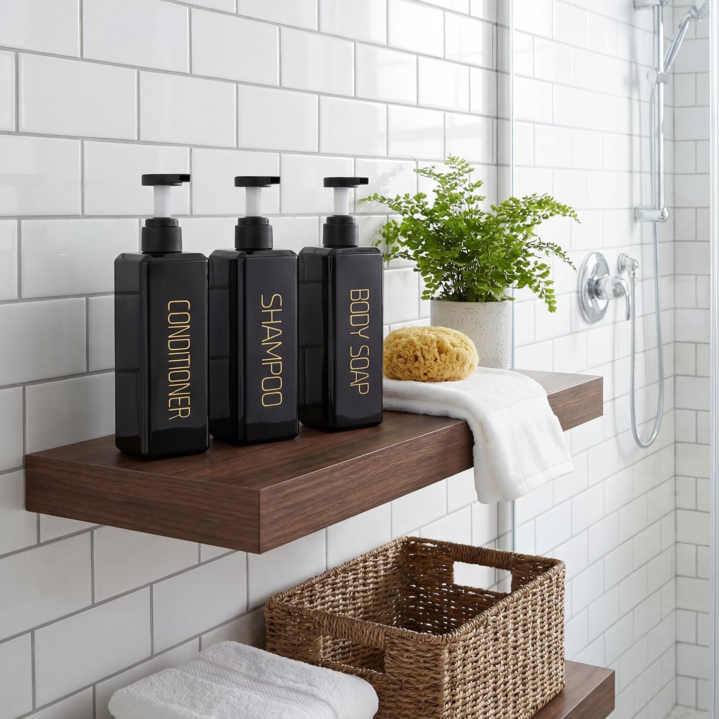 Shampoo and Conditioner Dispenser Shower Soap Bottles 3 Pack 550ml/18.6oz Refillable Shampoo Pump Bottle Dispenser Plastic Empty Body Wash Dispensers with Stylish Permanent Labels for Bathroom (Black)