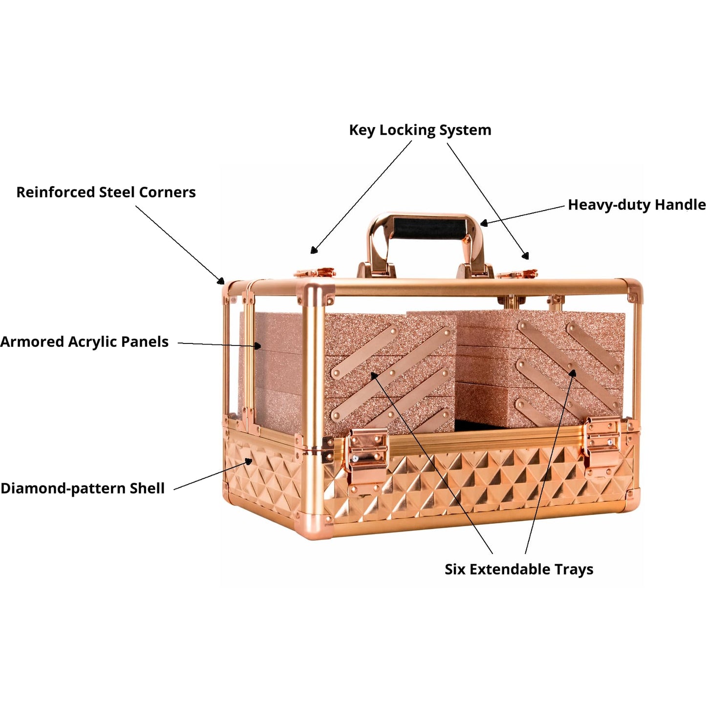 Ver Beauty Rose Gold Diamond Makeup Train Case with 6 Accordion Trays Lockable Cosmetic Organizer with Spacious Interior & Clear Acrylic Top