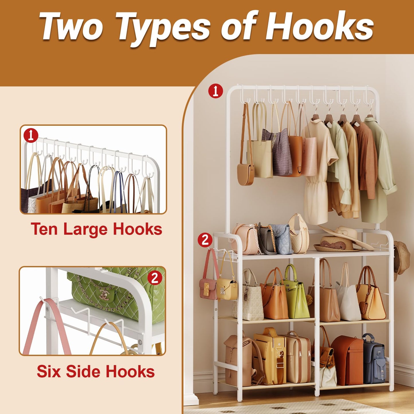 Large Purse Organizer for women with 10 Purse Hanger, 3-Tier Double Row Purse Rack Stand with 6 Side Hooks for Purse Storage, Space Saving Floor-Standing Handbag Organizer for Closet & Narrow Spaces