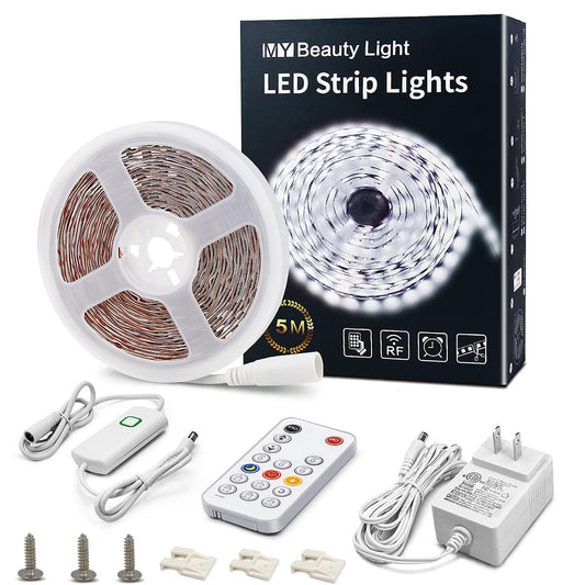MY BEAUTY LIGHT White LED Strip Lights, 16.4ft Dimmable LED Light Strip with RF Remote, 300 Bright 6500K 2835 LEDs, Strong Adhesive LED Tape Light with Timing Mode for Mirror Bedroom Kitchen Cabinet