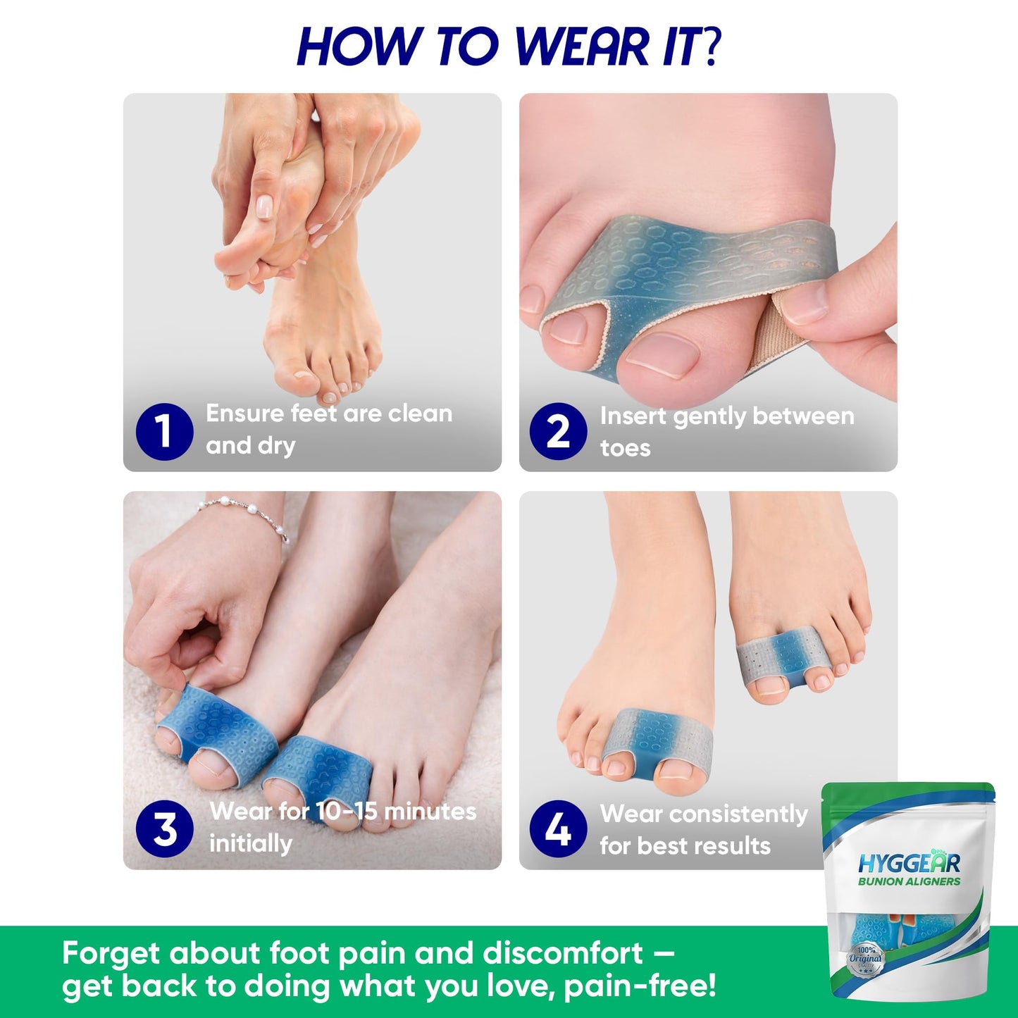 Hyggear Bunion Corrector for Women & Men - Big Toe Straightener with Silicone Pad, Adjustable Nylon Toe Separator for Hallux Valgus & Overlapping Toes, Washable Bunion Brace (1 pc, Blue)
