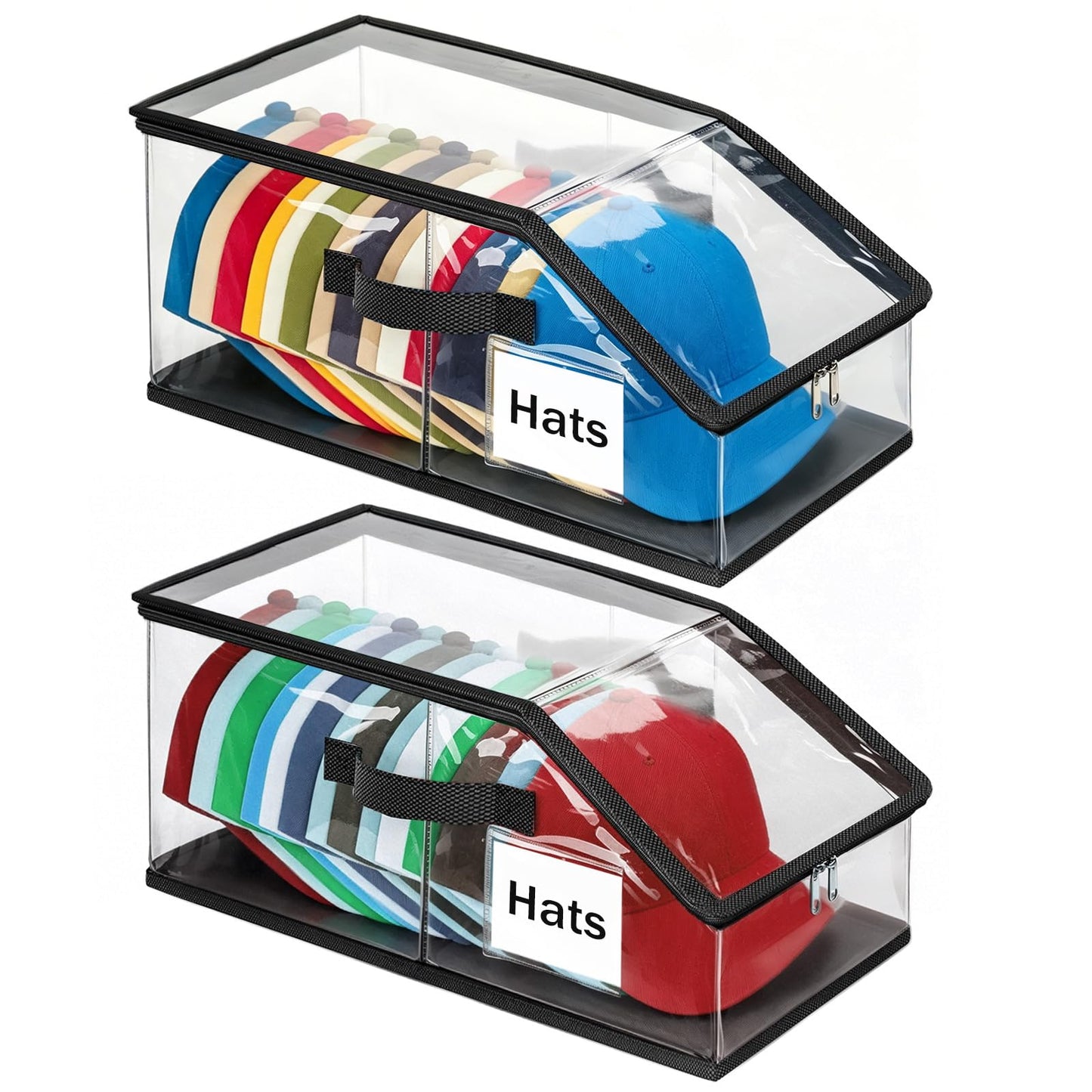 Uawsyut Foldable Clear Baseball Cap Storage Organizer – Stackable Transparent Hat Display Case with Zipper Closure 2PCS– Space-Saving Protective Unit for Baseball Caps & Accessories Black Trim