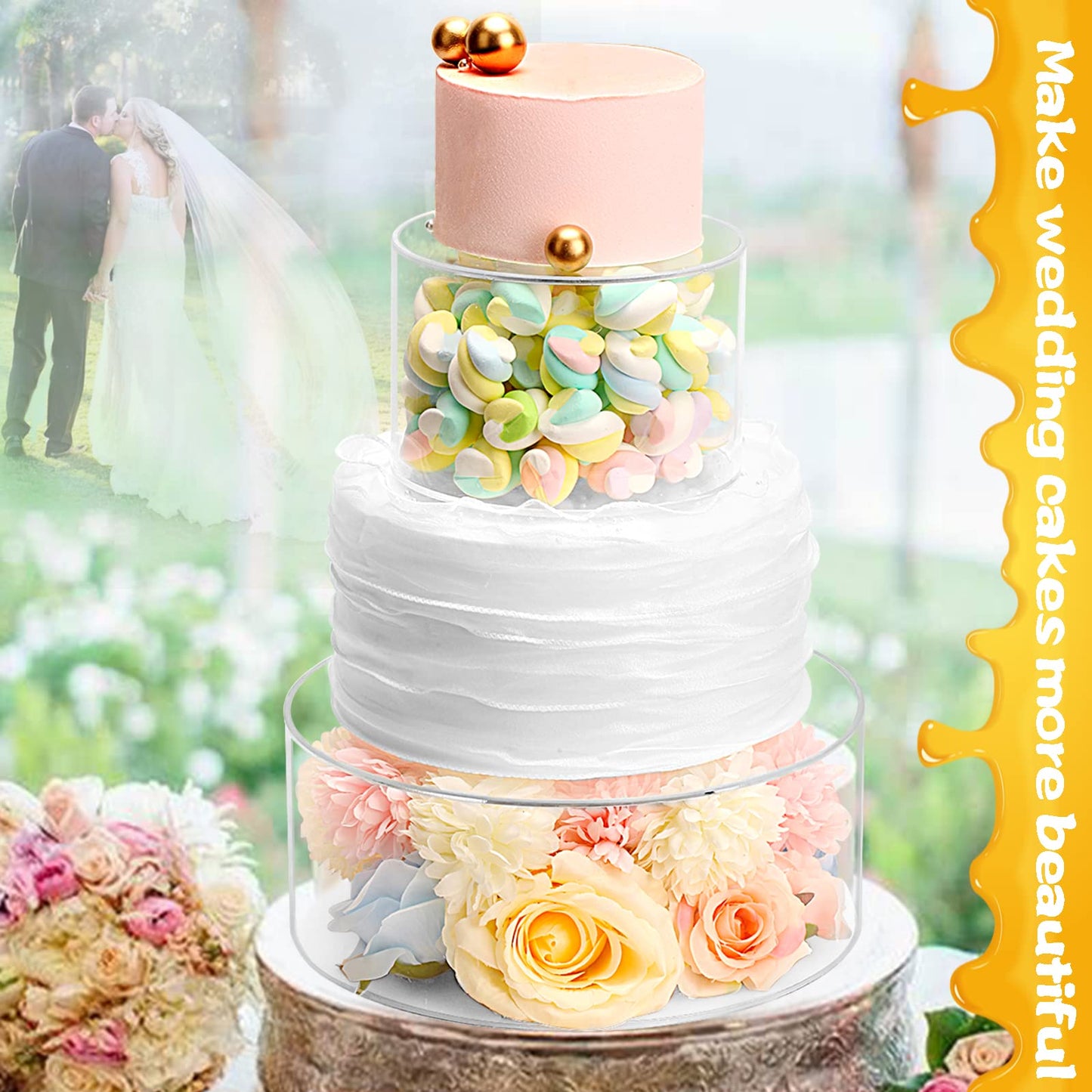 Choowin 2 Pcs Acrylic Cake Stand with Lid - Fillable, Floating, Clear, Round Cake Stand for Birthday & Wedding & Party (12 inch, 8 inch)