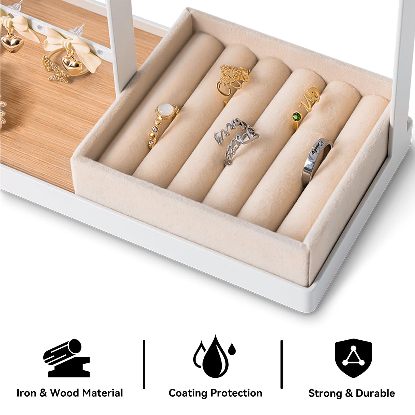 DreamGenius Jewelry Organizer Stand with Velvet Ring Holder, 4 Tier Jewelry Holder Organizer with 15 Hooks for Necklaces and 16 Holes for Earrings, White