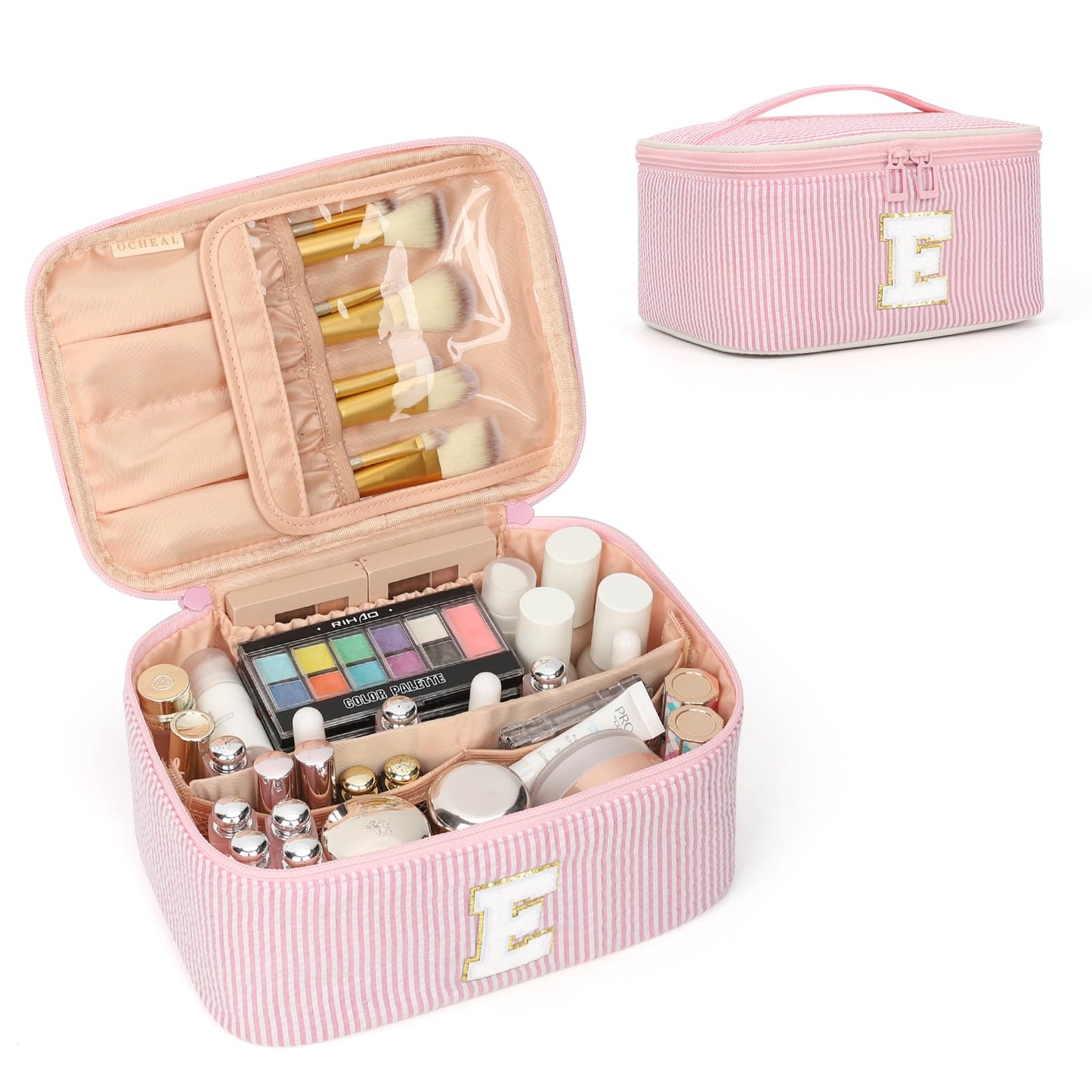 OCHEAL Makeup Bag for Women, Monogram Cosmetic Bag Pink Travel Makeup Case Beauty Toiletry Bag Organizer Personalized Gifts for Girls Bridesmaid, Sister, Wife, Friends Initial E