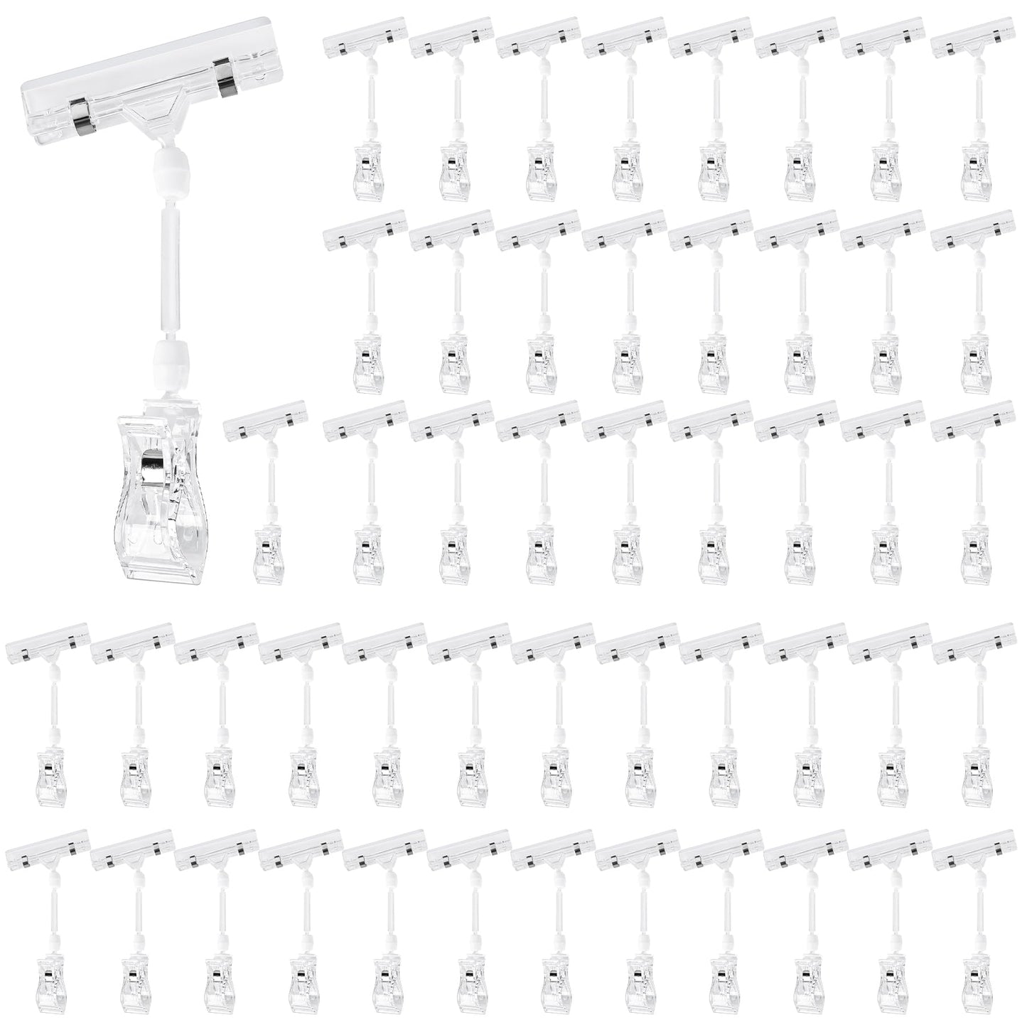 ClearClips Plastic Label Pop Clips on Shelf & Rack Signs - 50 Pack Double Sided Swivel Rotatable Menu Clips for Retail Display