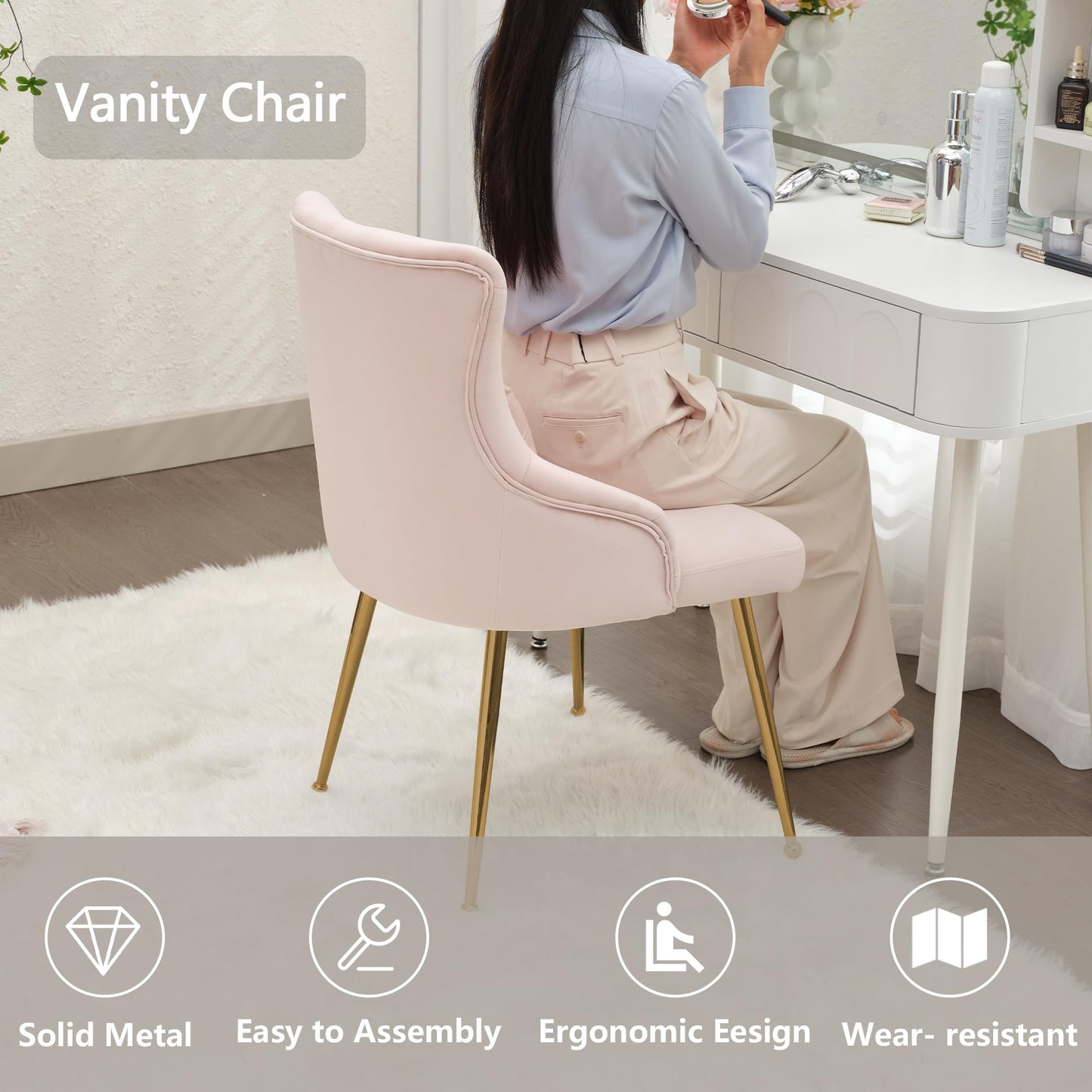UDAX Velvet Vanity Chairs with Back, Upholstered Makeup Chair No Wheels with Metal Legs & Lumbar Pillow for Living Room/Makeup Room/Bedroom/Home Office/Kitchen