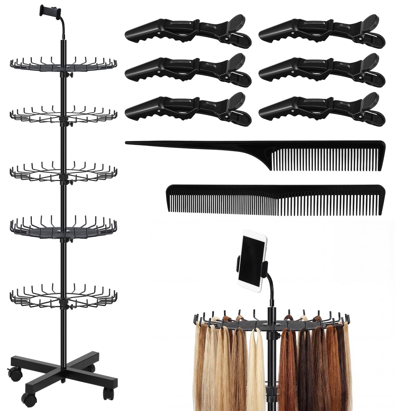 Suncalla Braiding Rack Standing Hair Extension Holder with Tray 140 Pegs Height Adjustable Separator with Phone Holder Stylist Braiding Tools Accessories for Displaying and Separating Hair