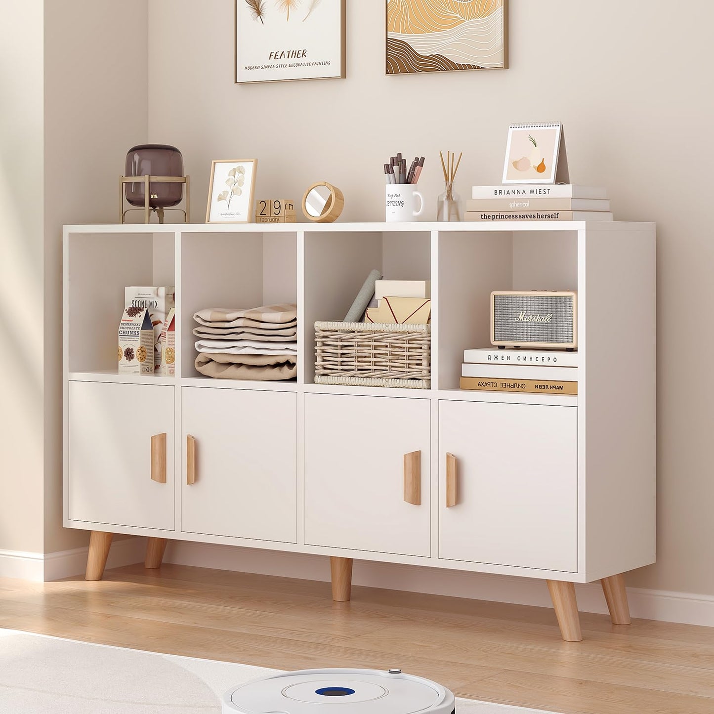 OSCHF Cubby Shelf Bookcase with Doors - Wooden 8 Cube Floor Standing Open Bookshelf with Solid Wood Legs, 2-Tier Low Storage Cabinet, Warm White