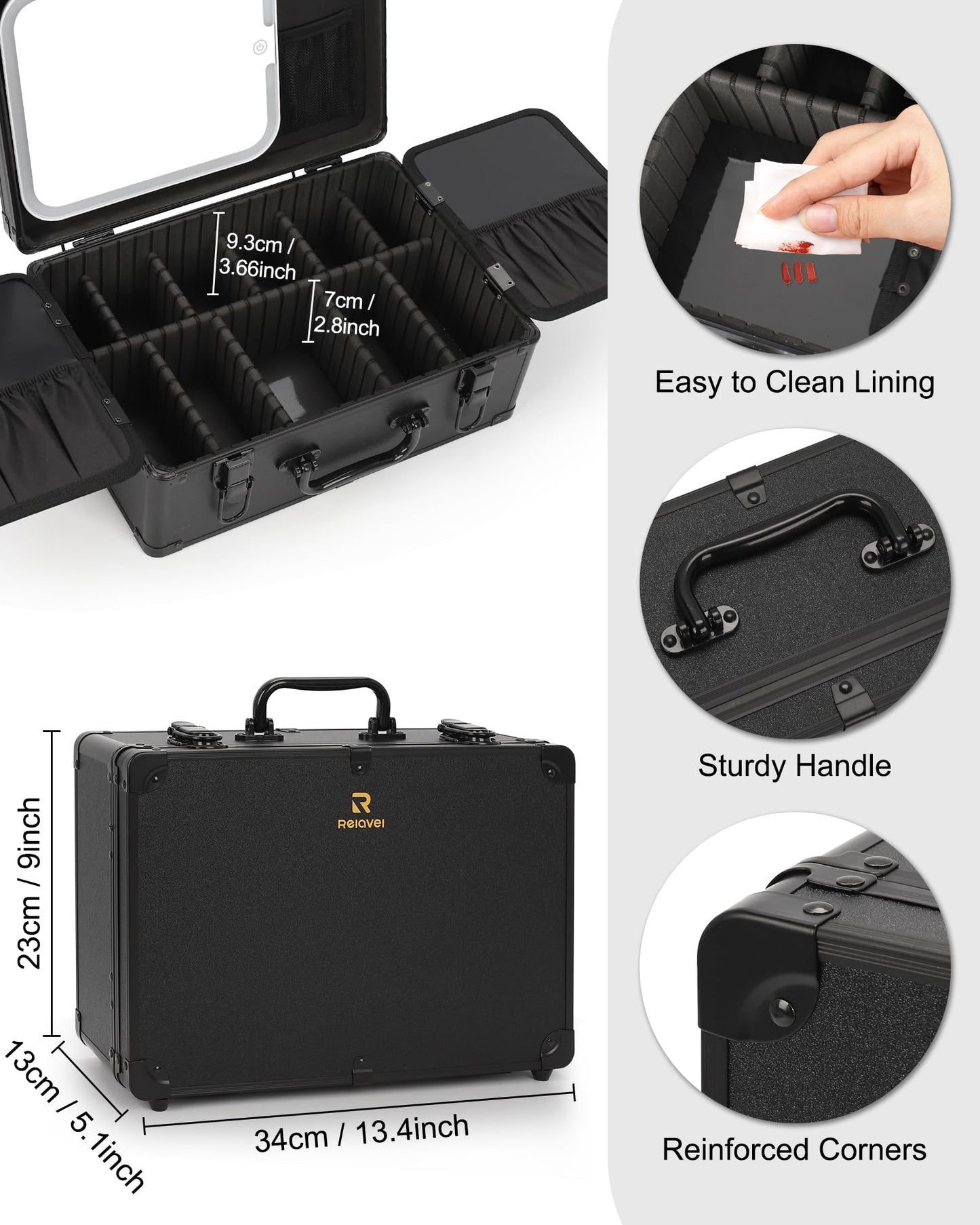 Relavel Makeup Case, Makeup Bag with LED Mirror Makeup Organizer Large Cosmetic Bags Travel Train Case for Women, Portable Vanity Makeup Box with Rechargeable Light up Mirror and Adjustable Dividers