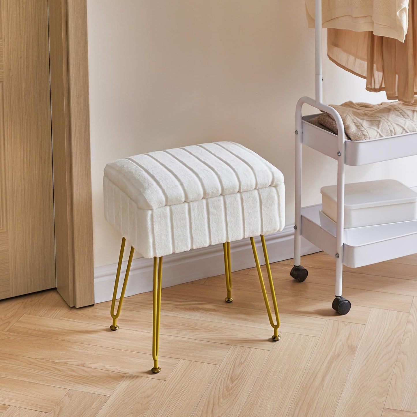 IBUYKE Vanity Chair with Storage Space, Footrest Ottoman, Small Side Table, Vanity Stool for Makeup Room, Bedroom, with Anti-Slip Feet, Faux Fur, White LG-50W
