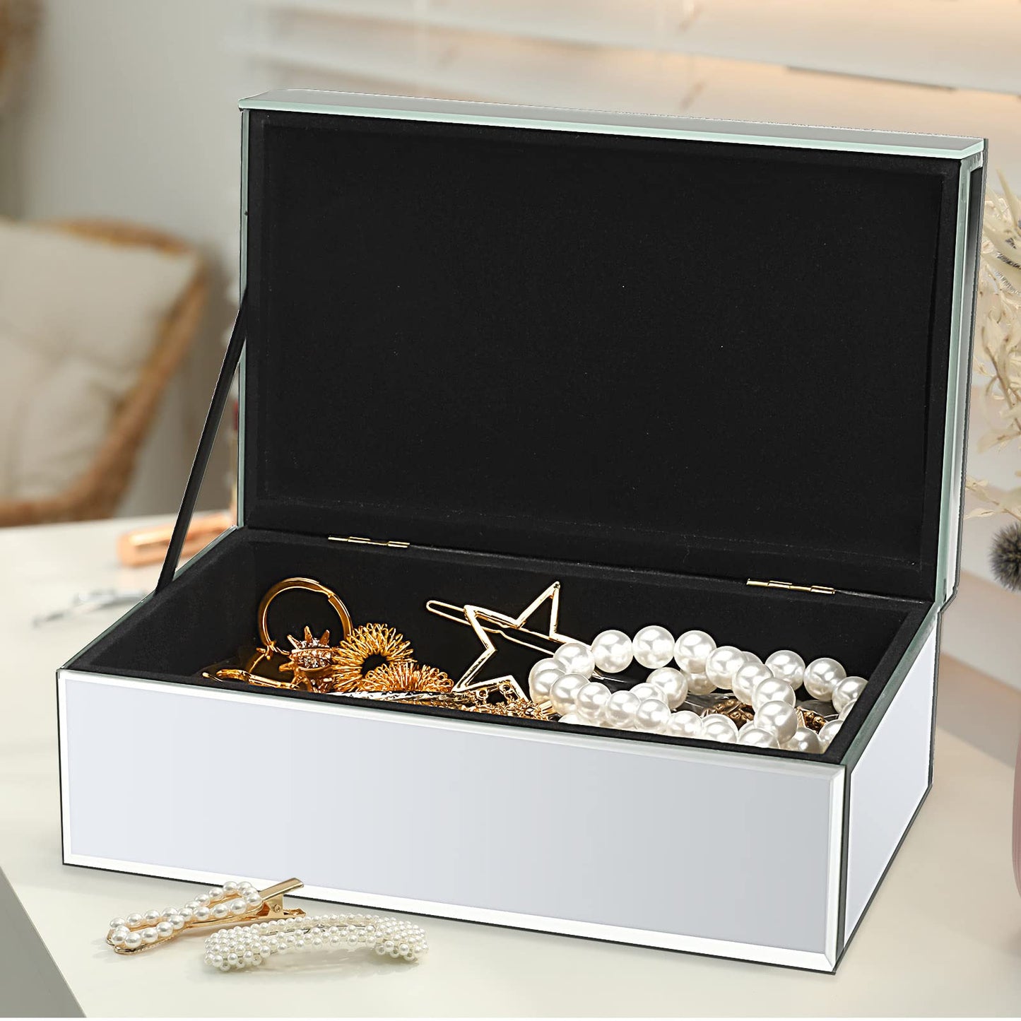 Kenning Luxury Silver Crushed Diamond Jewelry Box, Mirrored Glass Organizer for Women, Sparkly Keepsake Storage for Rings, Earrings & Necklaces, Elegant Vanity Decor