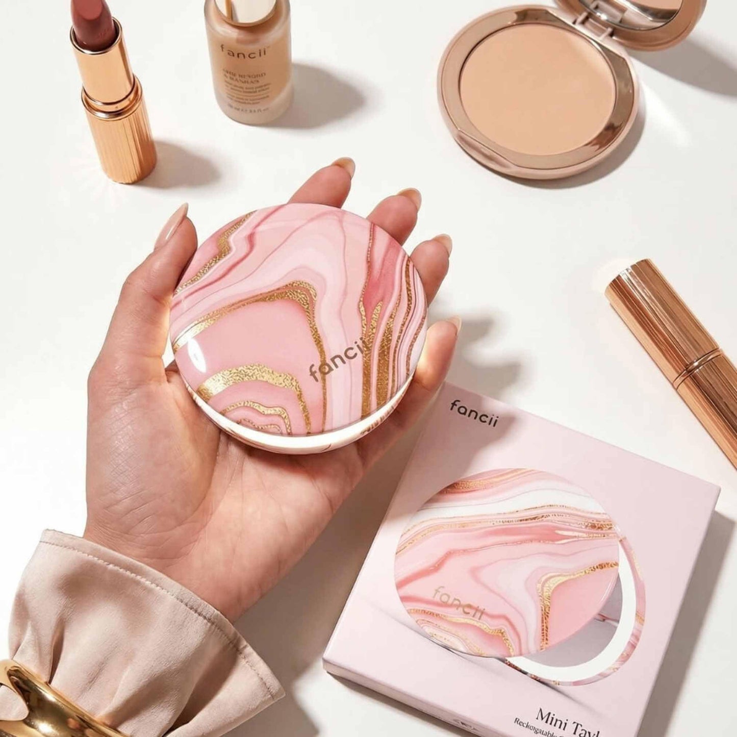 Fancii Mini Taylor Compact Magnifying Mirror with LED Light, 10x/1x, Rechargeable, 3 Light Settings, Dimmable - Small Lighted Travel Handheld Mirror for Pocket, Handbag, Purse, 2-Sided (Marble Rose)