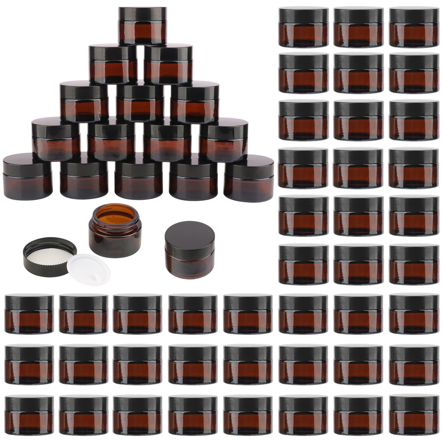 Yiksonyo 50 Pack 1 oz Amber Glass Jars with Black Lids, Amber Glass Containers with Inner Liners for Cosmetics, Lotions, Salves, and More(Amber & Black Lid)