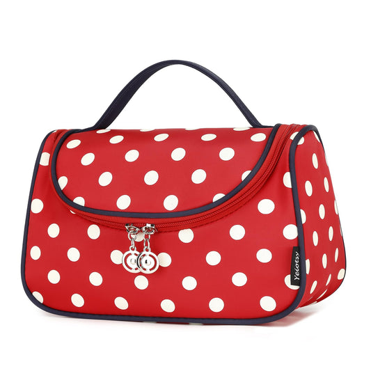 Yeiotsy Travel Cosmetic Bag for Women – Polka Dot Makeup Bag Organizer & Hanging Toiletry Bag (Classic Red)