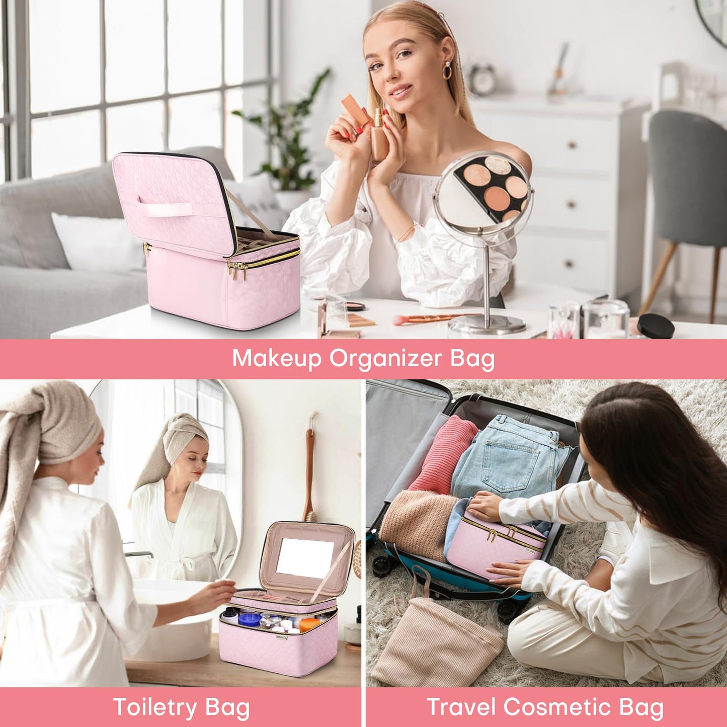 HXLGMD Large Makeup Bag with Mirror Double Layer Travel Make Up Organizer Case, Large Capacity Coemetic with Brush Slot Divider, Travel Toiletry Bag for Women (Pink)