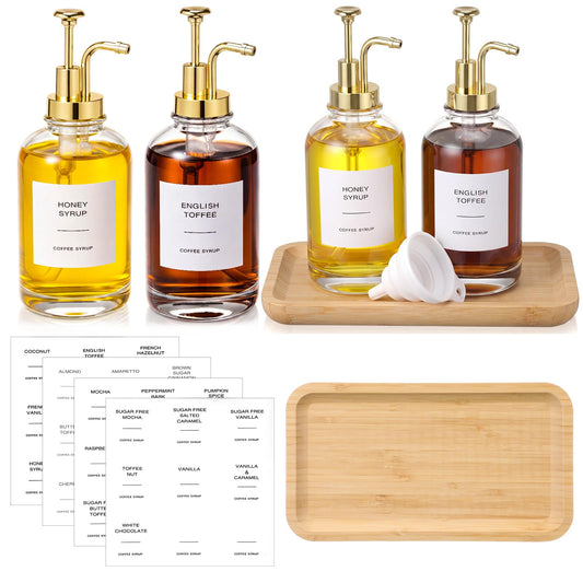 Domensi Syrup Dispenser for Coffee Bars, 2 Pack 16.9 oz Glass Syrup Bottle Pump Dispensers with Rectangle Bamboo Tray and 36 Labels for Organizing and Decor Display