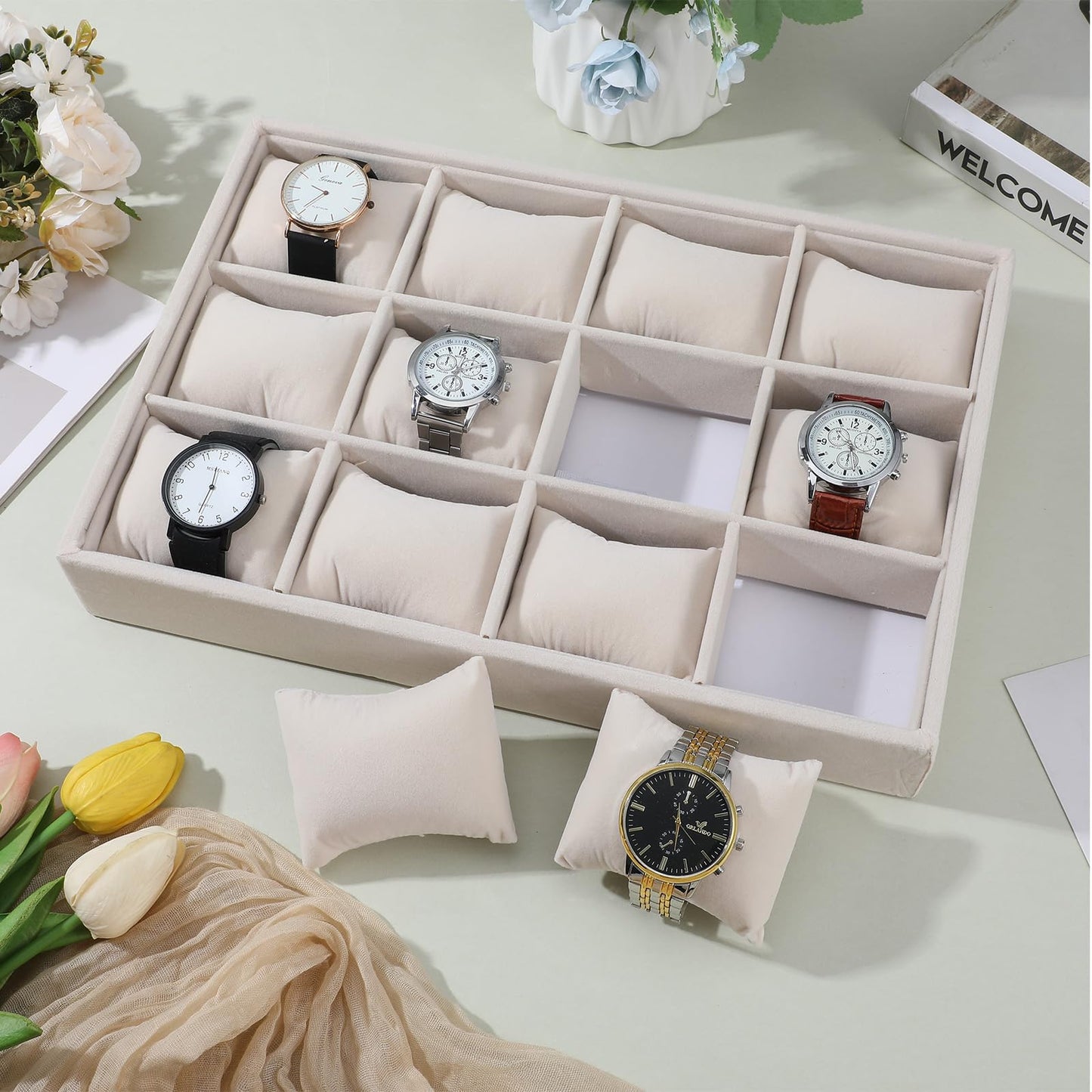 Kifmurase Jewelry Watch Organizer Tray, 12 Grid Velvet Watch Jewelry Organizer Stackable Watch Bracelet Bangle Display Holder with Adjustable Pillows for Men Women Showcase Drawer