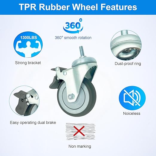 4 inch Swivel Caster Wheels Heavy Duty, 3/8"-16x1 Threaded Stem Casters Set of 4, TPR Rubber Wheels for Hospital, Lab, Furnitures,Restaurant