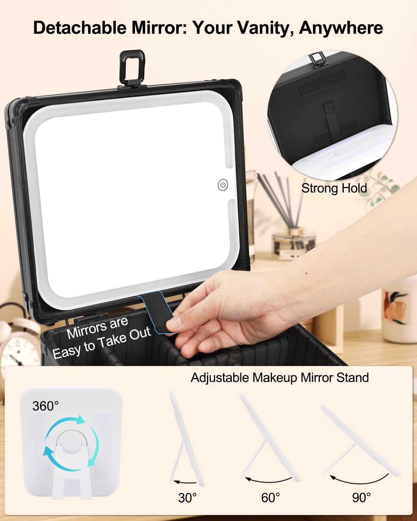 Makeup Case with Lighted Mirror, Travel Makeup Box with LED Mirror Makeup Organizer Bag Portable Cosmetic Train Case Makeup Artist Storage Bags with Adjustable Dividers Gifts for Women and Girls