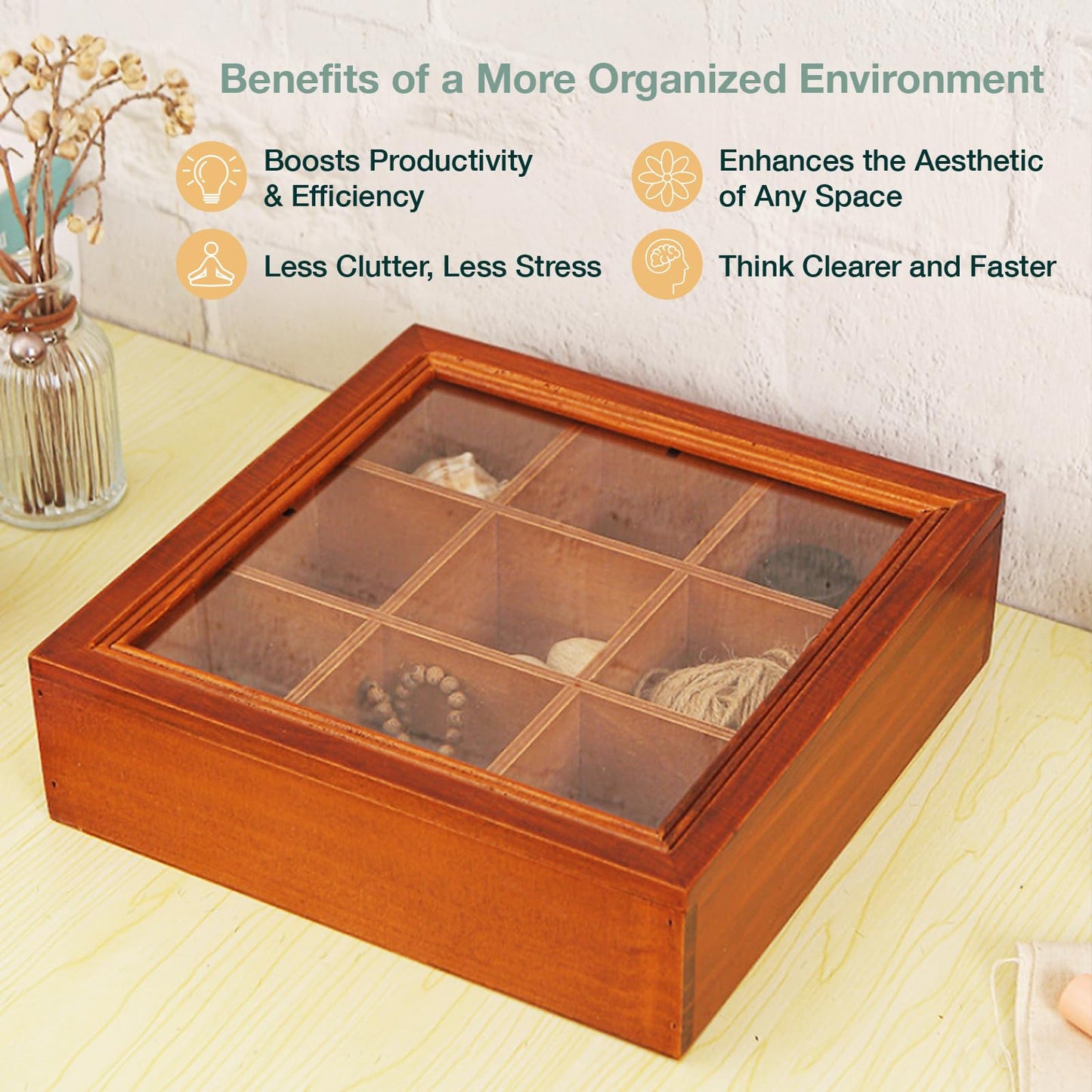9-Slot Mini Wooden Storage Box w Clear Acrylic Collectibles Display Case - Square Wood Organizer Box with Dividers - Storage & Organizer Case for Tea, Essential Oils, Spices & More