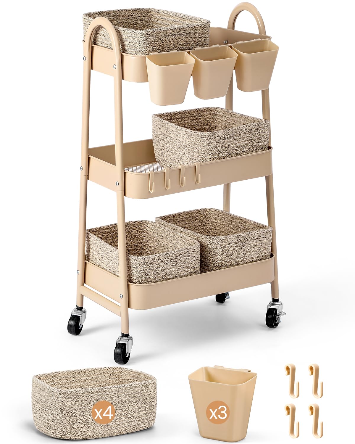 3-Tier Rolling Utility Cart with 4 Woven Baskets, Diaper Book Snack Cart, Storage Organizer for Nursery, Kitchen, Craft Room, Home SPA, Living Room, Metal Frame Trolley on Lockable Wheels, Brown