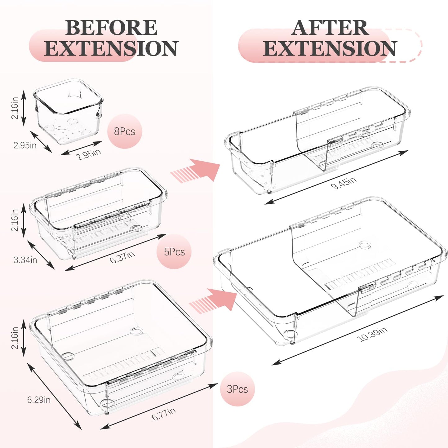DILIBRA 16 Pcs Clear Extendable Drawer Organizer, Adjustable Drawer Storage 3-Size Desk Drawer Organizer, Plastic Non-Slip Storage Bins for Makeup, Cosmetic, Jewelries, Utensils, Stationery, Dressers