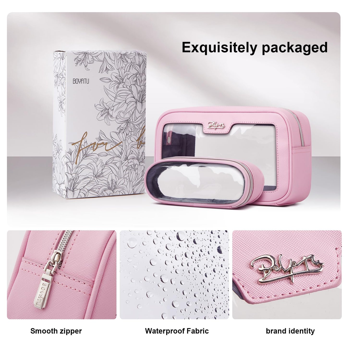 BOYATU Cute Travel Makeup Bag Set: Clear Cosmetic Bag Waterproof Toiletry Bags for Women - Large Skincare Pouch With Small Make up Brush Case for Girl (01-Pink)